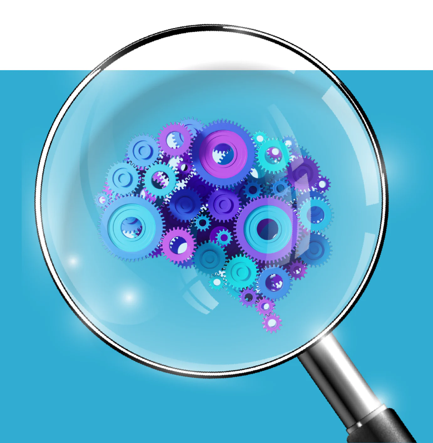 Magnifying glass over a brain made of gears