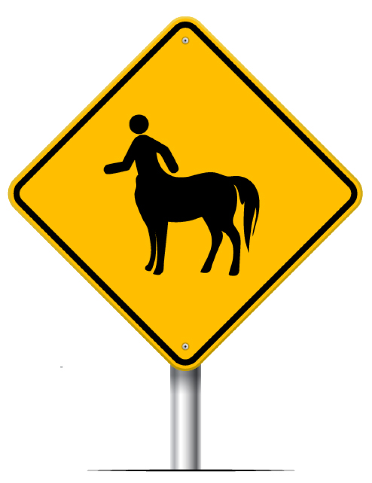 Yellow centaur crossing road sign
