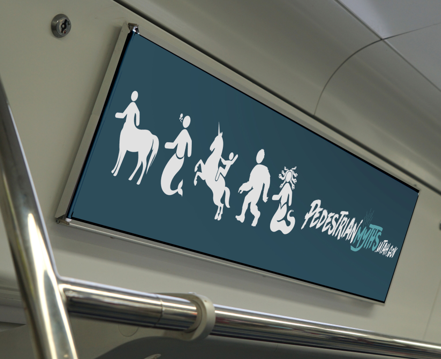 Pedestrian Myths campaign showing mythological creatures inside a transit vehicle