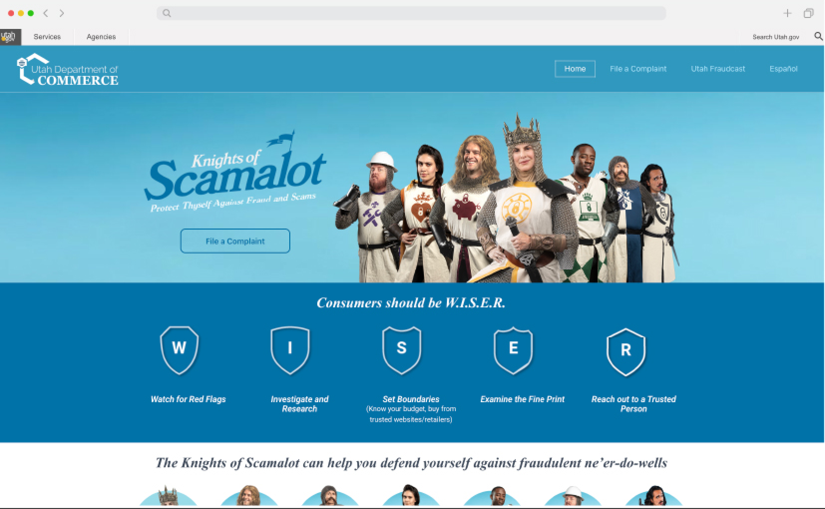 Utah Department of Commerce Knights of Scamalot website