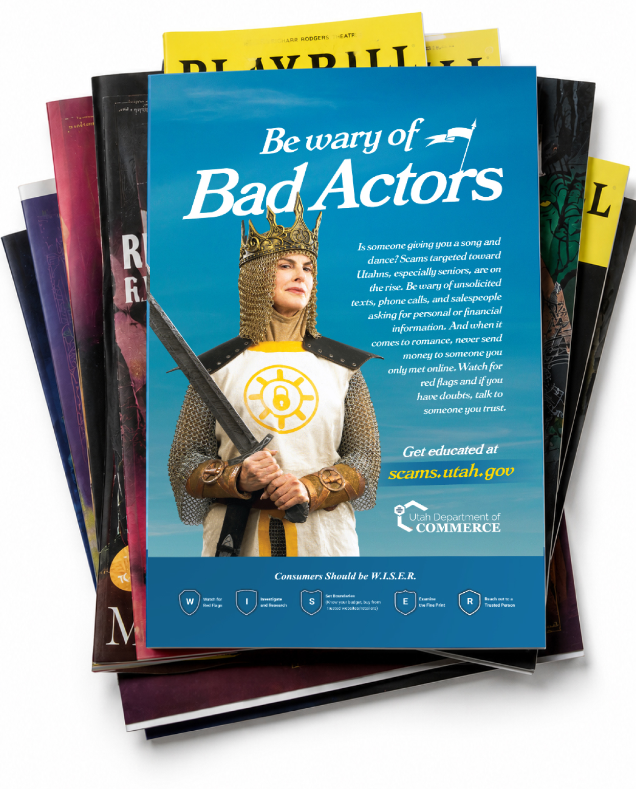 Bad Actors fraud awareness advertisement on a stack of Playbill magazines