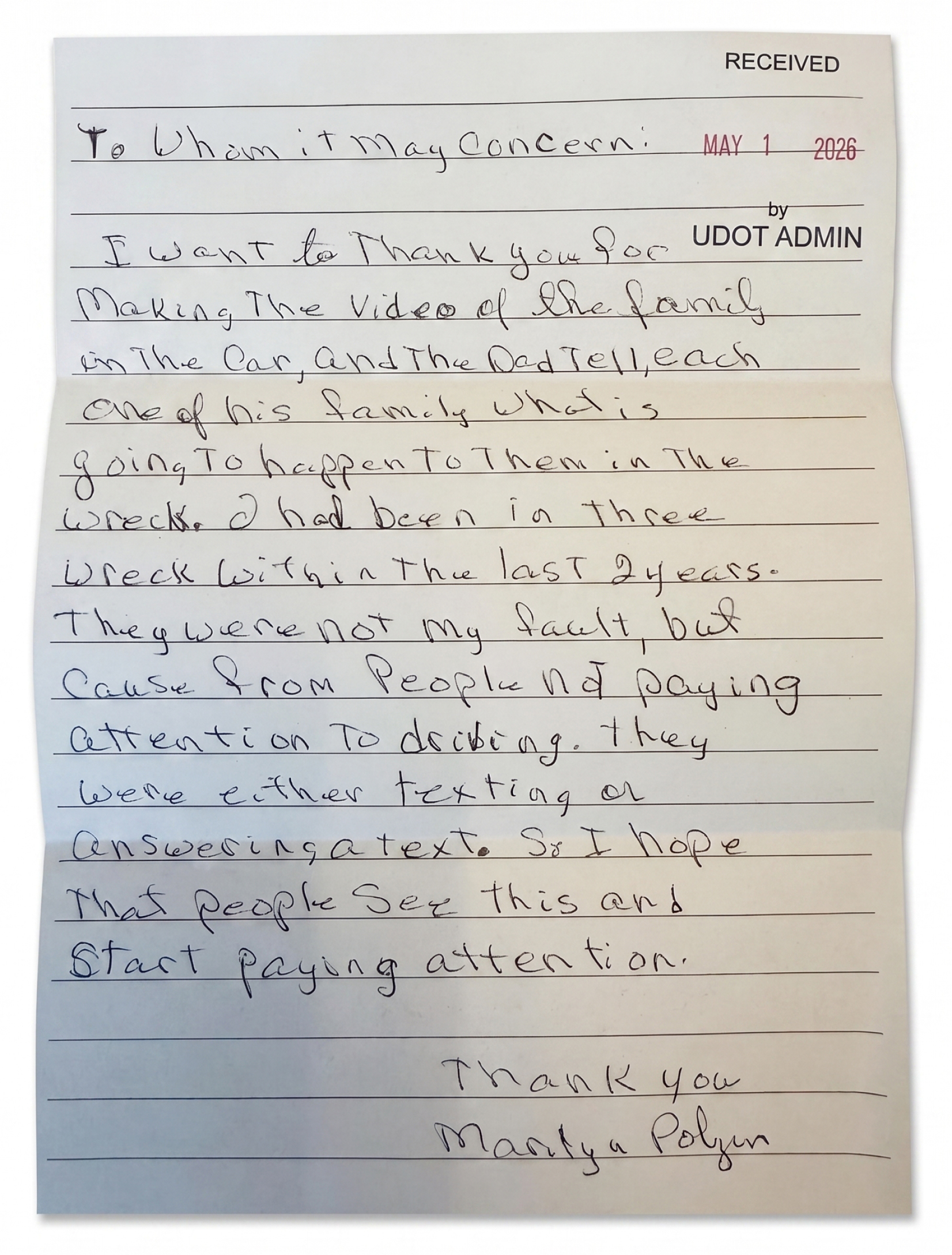 Handwritten viewer letter thanking UDOT for the campaign